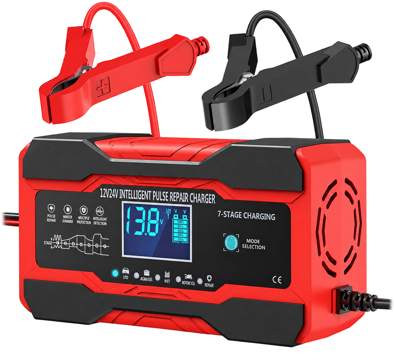 12V and 24V smart battery charger with charging clamps
